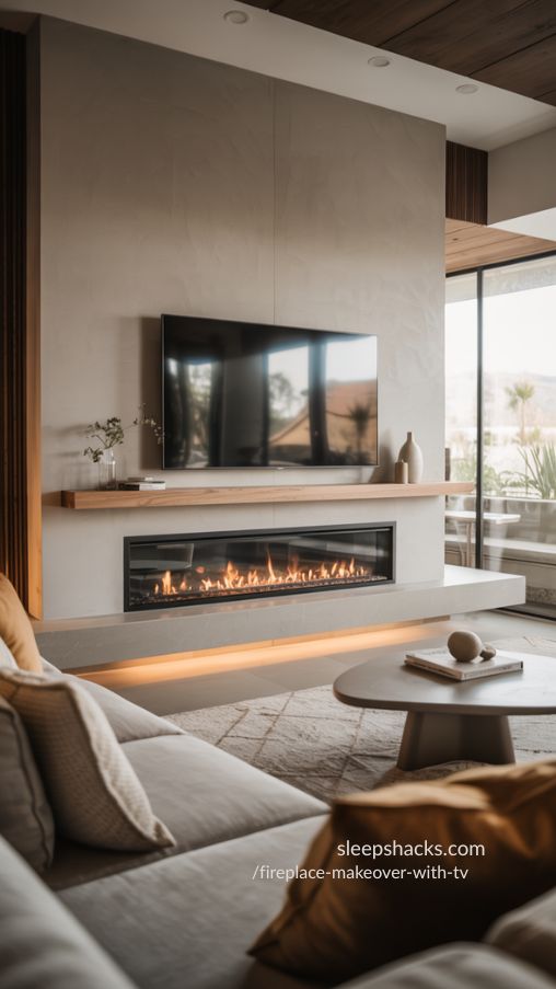 Sleek Linear Fireplace with Floating TV