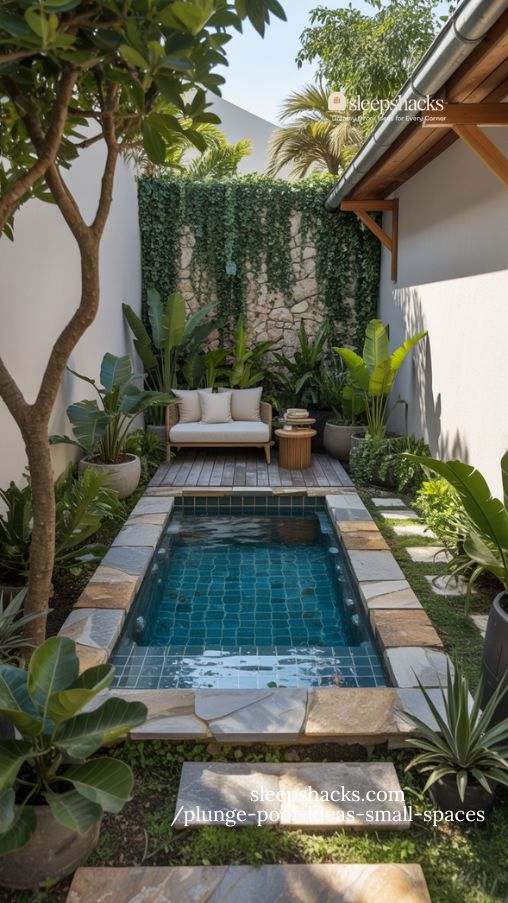 Small Tropical Plunge Pool with Stone Accents for Compact Backyards