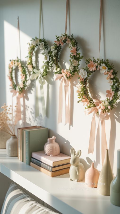 Small Wreaths Hung on Shelves – Charming Spring Shelf Styling Idea