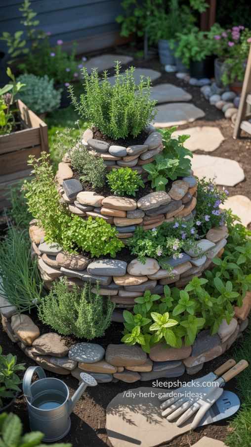 Spiral Stone Herb Garden with Layered Green Herbs