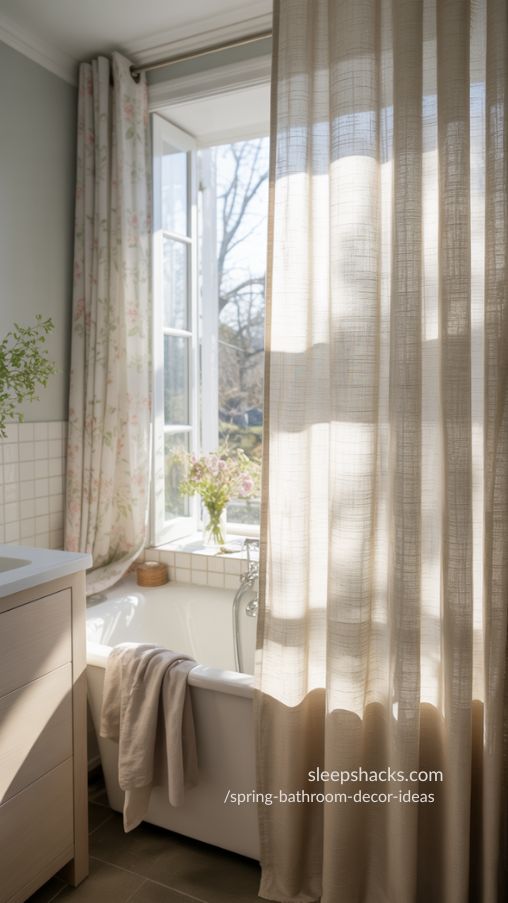 Spring Bathroom Decor Ideas with Light and Airy Curtains