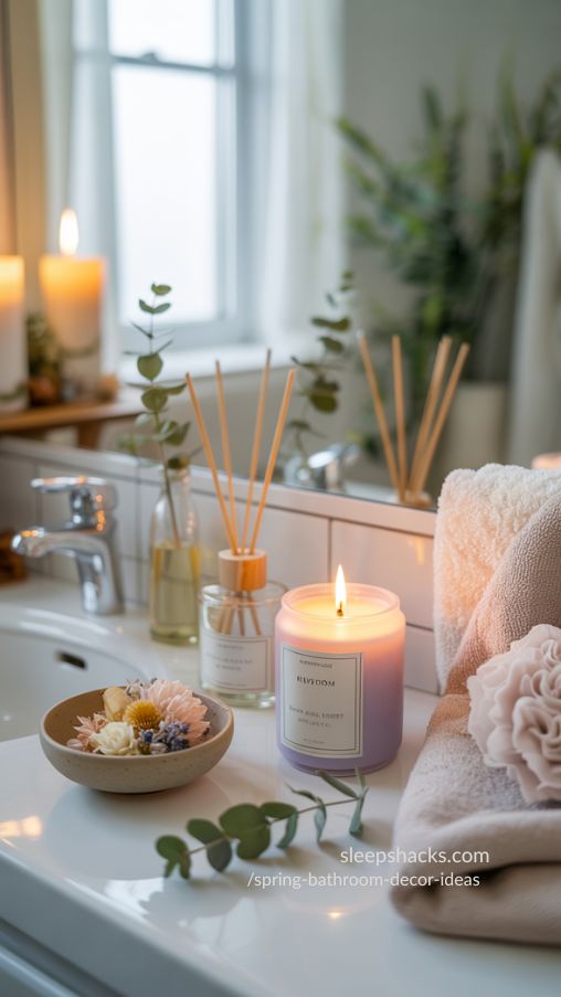 Spring Bathroom Decor Ideas with Seasonal Candles and Diffusers
