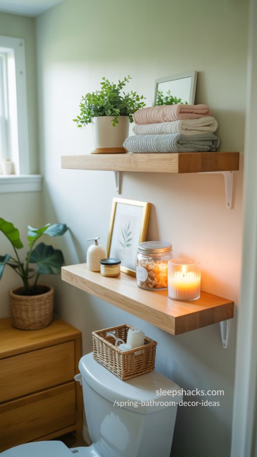 Spring Bathroom Decor Ideas with Styled Floating Shelves