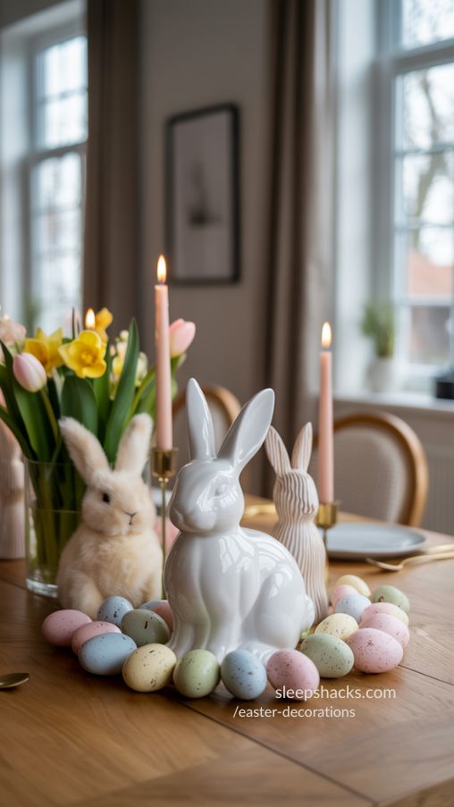 Spring Bunny Table Centerpiece with Tulips and Pastel Eggs