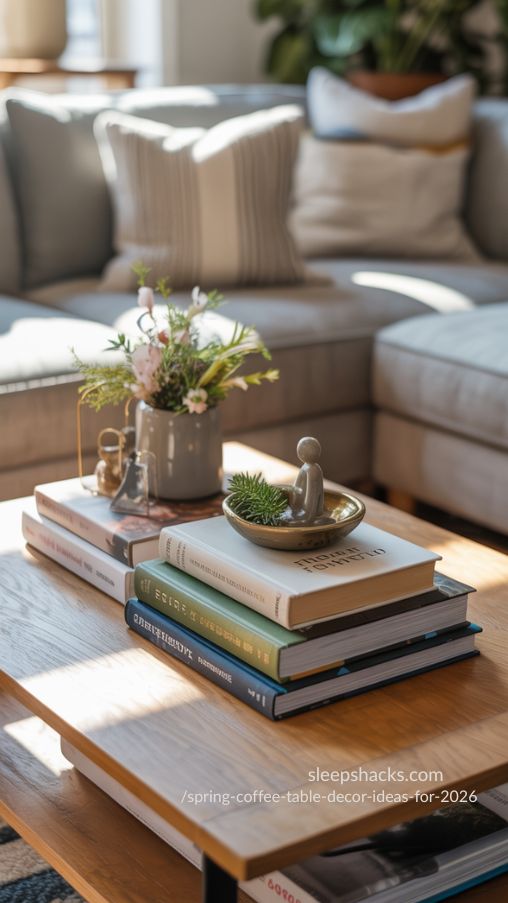 Spring Coffee Table Book Stacks with Seasonal Accents