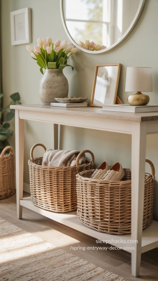 Spring Entryway Console with Woven Storage Baskets