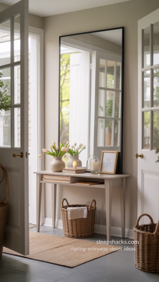 Spring Entryway with Large Black-Trim Mirror for Spacious Feel