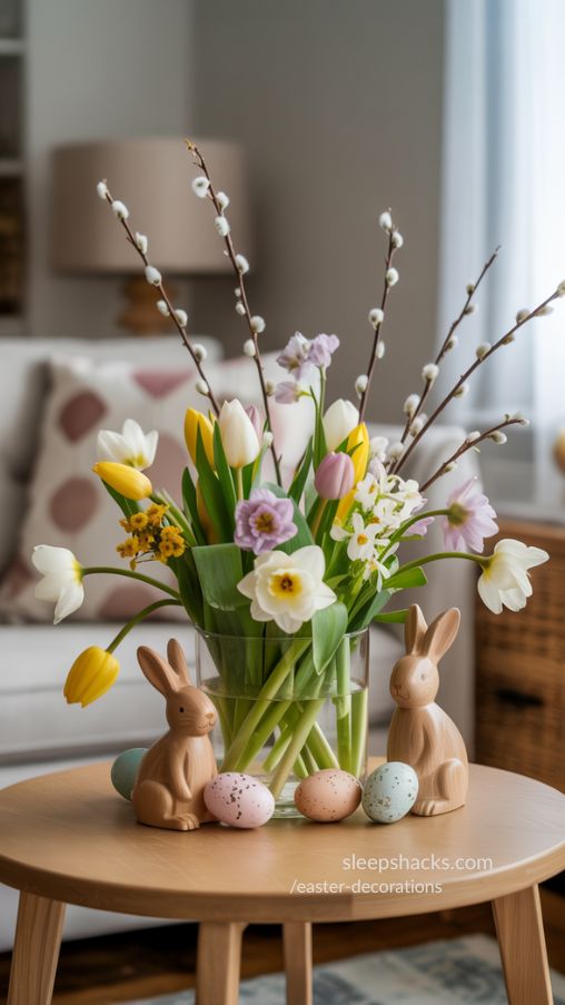 Spring Floral Arrangement with Easter Bunnies and Pastel Eggs