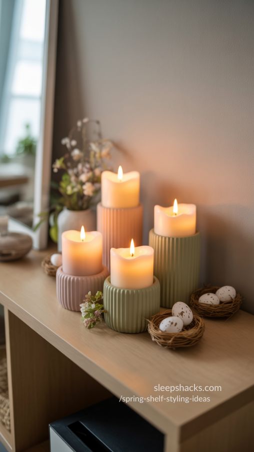 Spring-Themed Candle Vignettes for Cozy Shelf Styling