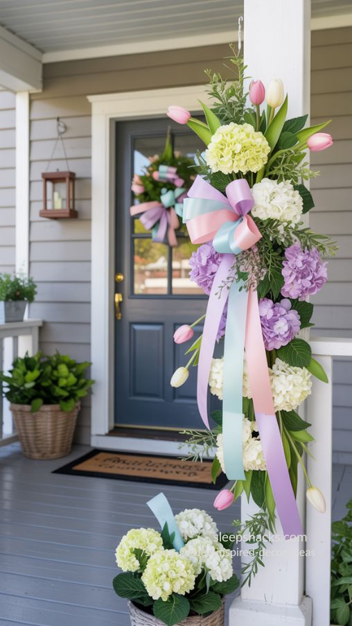Create a bright and inviting porch scene featuring a spring-themed floral swag draped across a front door or railing. Use hydrangeas, tulips, and pastel-colored ribbons in soft, cheerful tones. Include complementary elements like potted plants, a welcome mat, or hanging lanterns to enhance the cozy and festive atmosphere. Capture the scene from a slightly angled or straight-on perspective to emphasize the swag as the focal point while showing the porch’s inviting details. Use soft natural daylight to make the flowers and ribbons pop, highlighting textures and color contrasts, creating a Pinterest-ready spring DIY look.