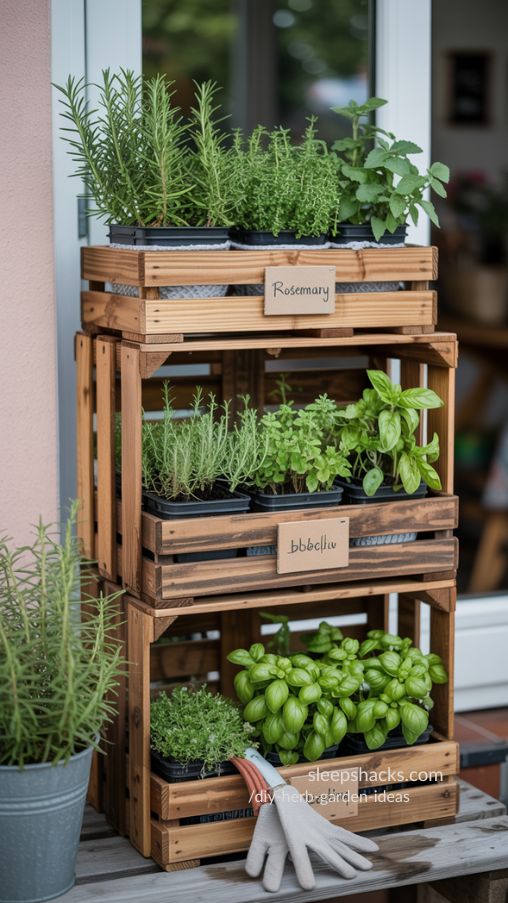 Stacked Wooden Crate Herb Garden with Vibrant Greenery