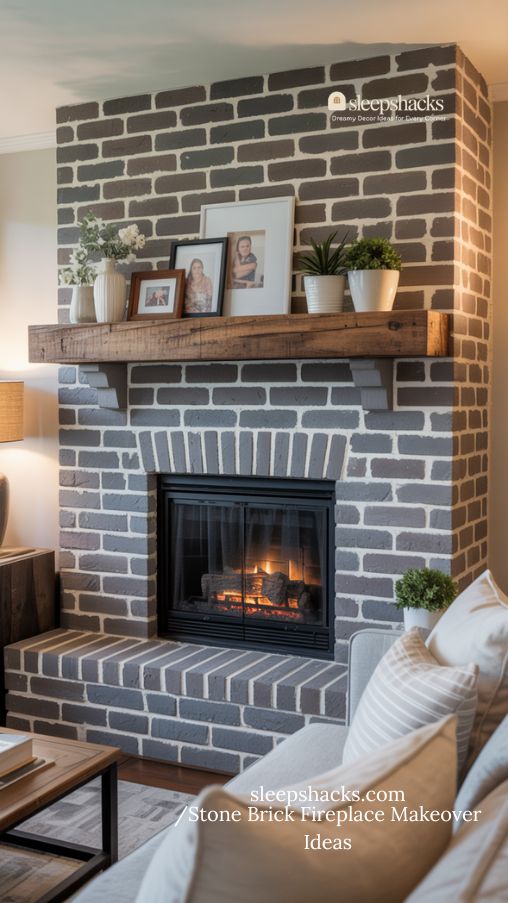 Photorealistic interior of a cozy living room featuring a stone brick fireplace makeover with budget-friendly paint updates. The fireplace bricks are freshly painted—one version white for brightness, another matte black for drama, or navy for a bold statement. A rustic wooden mantel holds decorative vases, candles, and a stylish mirror. Warm natural light highlights the textures of stone, wood, and soft textiles like a layered area rug and throw blankets. The space balances modern, rustic, and eclectic styles, creating a vibrant, inviting, and Pinterest-ready atmosphere. Emphasize contrast, color pop, and cozy details.