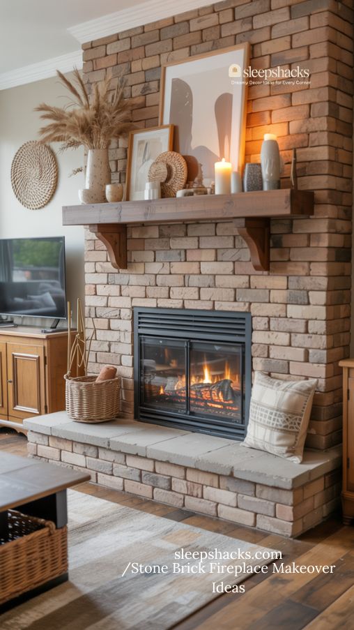 Photorealistic interior of a cozy living room featuring a stone brick fireplace showcasing a combination of DIY and professional updates. The fireplace includes DIY elements like painted or whitewashed brick, decorative accessories, and layered textiles, paired with professional upgrades such as a stone veneer or tile firebox. Warm natural light highlights textures of brick, wood, and stone. Decorative accents on the mantel include candles, vases, and artwork. The room blends rustic, modern, and cozy elements, creating a Pinterest-ready home decor scene that emphasizes both approachable DIY charm and professional polish.