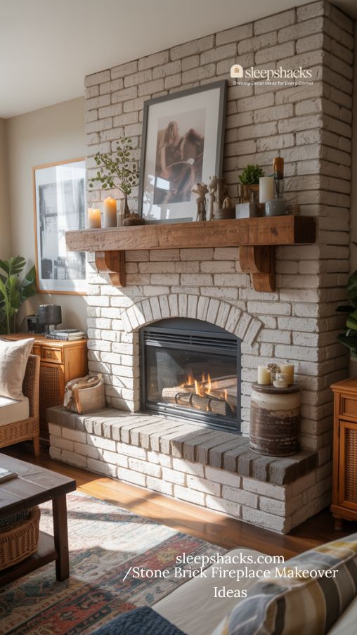 Stone Brick Fireplace Makeover with Layered Materials