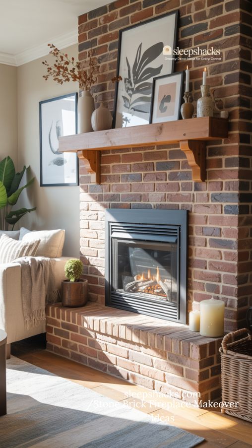 Stone Brick Fireplace Makeover with Modern Insert and Functional Upgrades