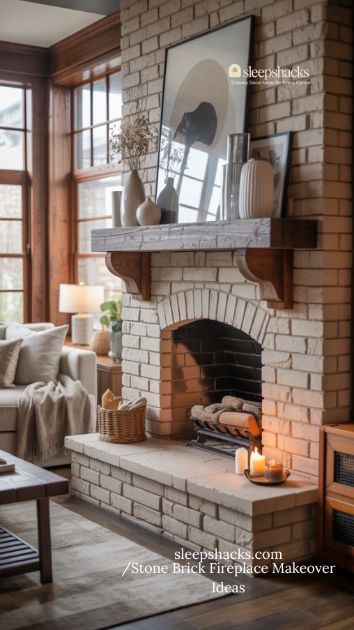 Stone Brick Fireplace Makeover with Rustic Modern Mantel