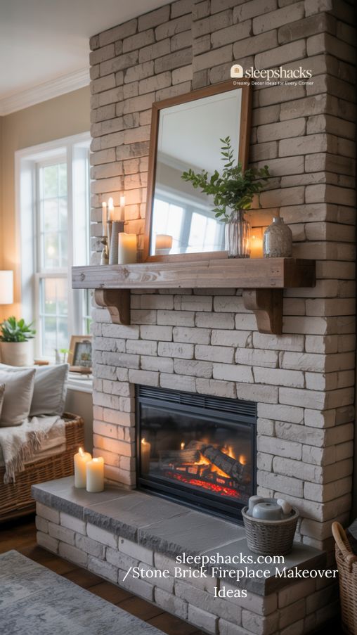 Photorealistic interior of a cozy living room featuring a stone brick fireplace updated with layered stone veneer. The fireplace shows light gray stones with subtle texture and depth, paired with a rustic wooden mantel holding decorative accents like candles, vases, and small potted plants. Soft natural light streams through nearby windows, highlighting the patterns and tones of the stone veneer. The room blends modern, rustic, and cozy elements, with layered rugs, throw blankets, and warm lighting. Focus on texture, depth, and the luxurious yet approachable feel of the veneer for a Pinterest-ready home decor image.