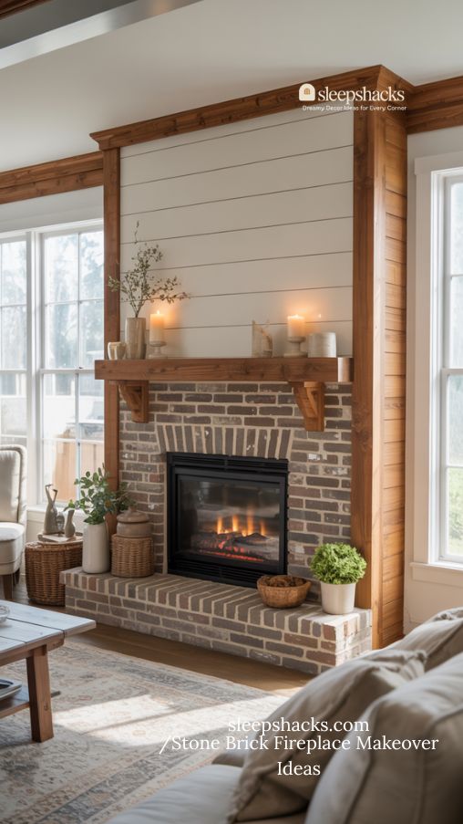 Stone Brick Fireplace Makeover with Shiplap and Wood Surround