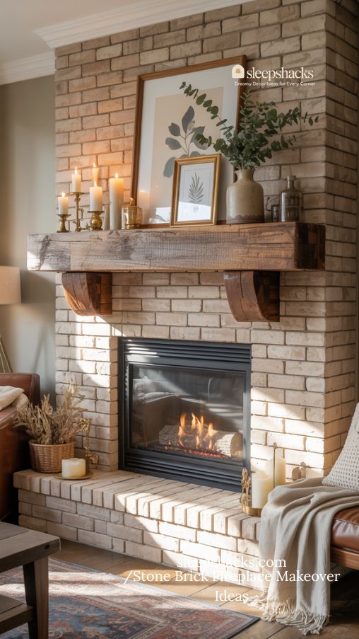 Stone Brick Fireplace Makeover with Statement Mantel