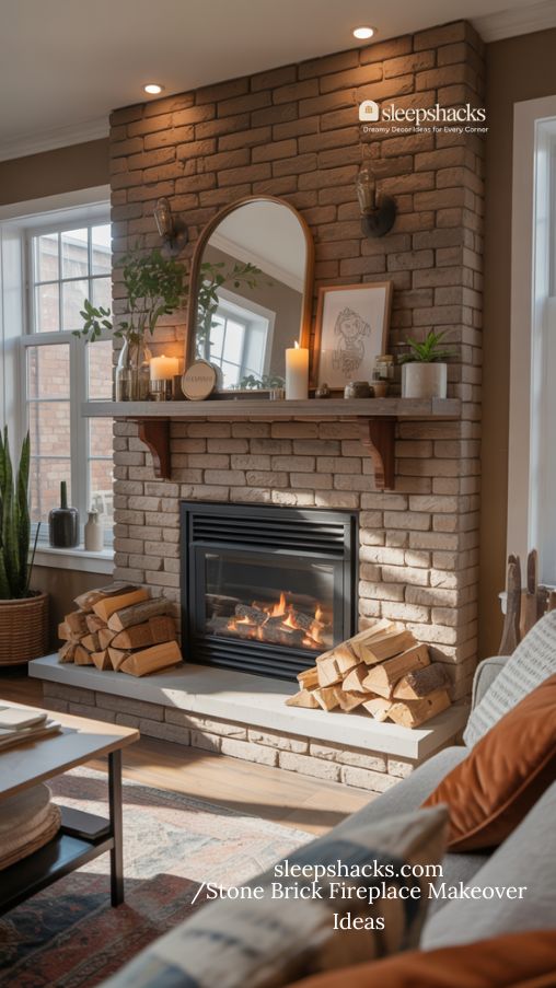 Stone Brick Fireplace Makeover with Styled Accessories