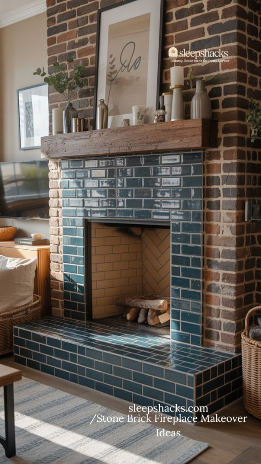 Stone Brick Fireplace Makeover with Tile Firebox Upgrade