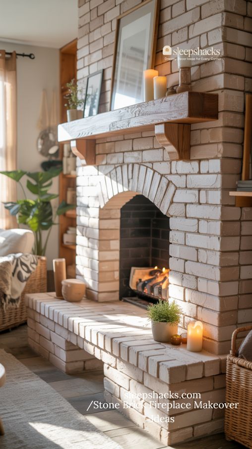 Stone Brick Fireplace Makeover with Whitewash Limewash and German Schmear
