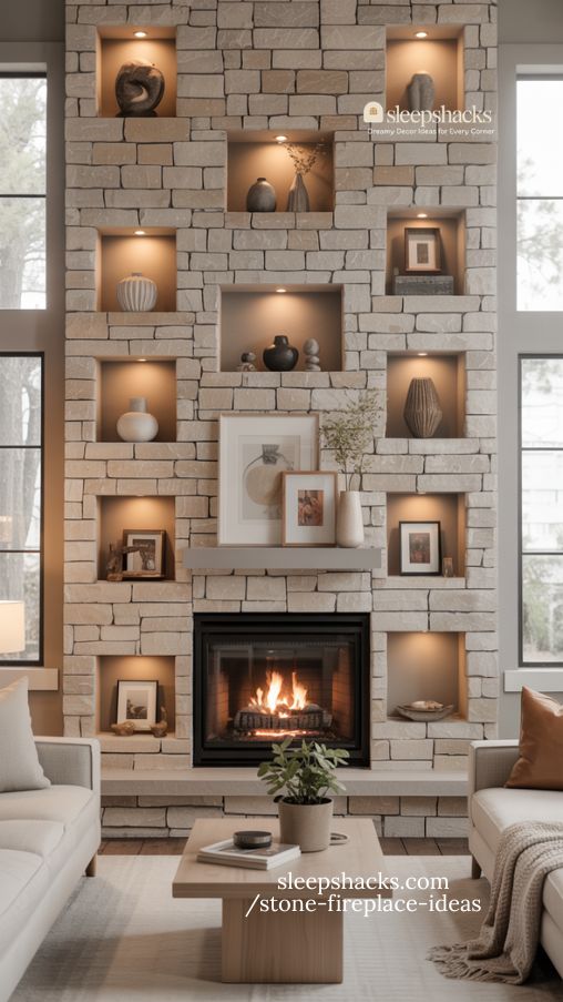 Stone Fireplace With Artwork Niches for Personalized Living Rooms