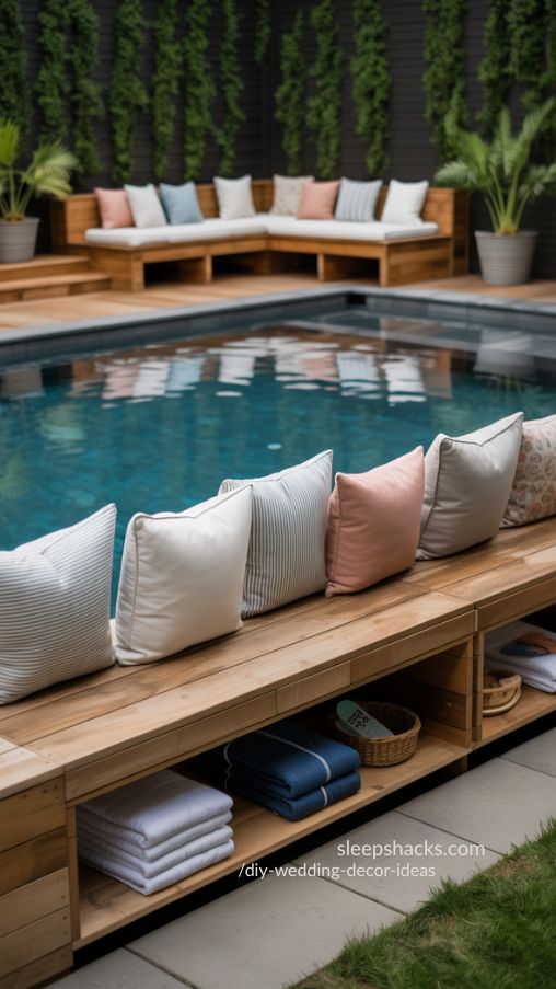 Photograph an above-ground pool featuring a sleek infinity edge, ideally on a gently sloped backyard to create the illusion of water flowing into the horizon. Include a wooden or composite deck and a sunning platform with loungers to enhance the luxurious, resort-style vibe. Add subtle LED lighting along the edge or under the deck to reflect beautifully in the water at dusk. Surround the pool with minimal greenery or strategically placed potted plants to keep focus on the infinity effect. Capture photorealistic reflections, soft sunlight or twilight glow, and textures of water, decking, and landscape to create a high-end, serene backyard scene. Keywords/Focus: infinity edge above-ground pool, backyard mini resort pool, luxury pool design