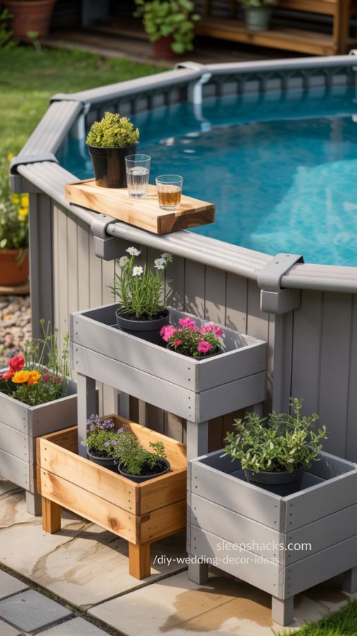 Photograph an above-ground pool with an outdoor fire feature, such as a stone fire pit or small fireplace, positioned nearby. Include comfortable seating arranged for conversation, like modular sofas or lounge chairs, coordinating with the deck and pool materials. Use natural stone or wood for the fire feature to complement the backyard’s design. Add subtle LED or string lighting to enhance evening ambiance. Capture photorealistic textures of flames, reflective water, wood, and stone, highlighting the warm glow and shadows cast by the fire. Focus on creating a cozy, inviting, and social backyard scene perfect for Pinterest inspiration. Keywords/Focus: backyard pool fire pit, outdoor lounge with pool, cozy poolside fire feature
