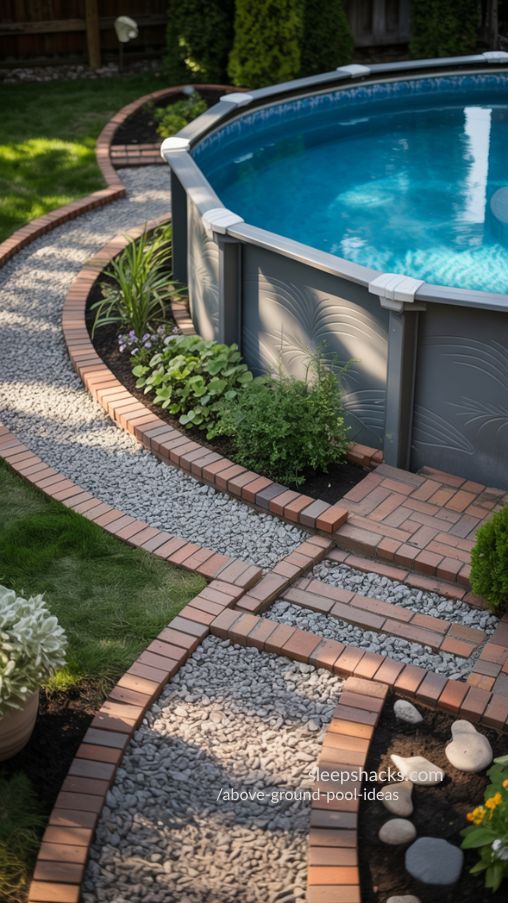 Stylish Backyard Pool with Gravel Paths and Brick Walkways