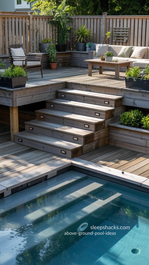Stylish Elevated Pool Deck with Integrated Steps and Planters