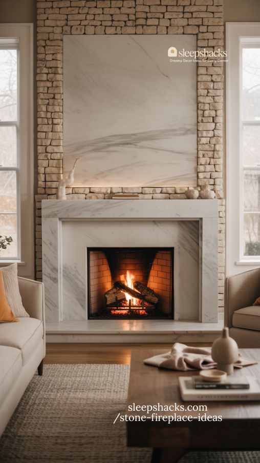 Subtle Marble Accent Stone Fireplace Ideas for Elegant Living Rooms