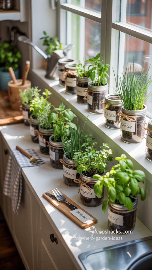 Sunny Mason Jar Windowsill Herb Garden