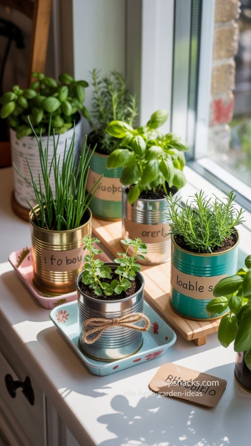 Sunny Window Sill Recycled Can Herb Garden