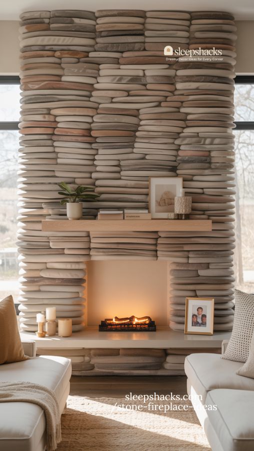 Textured Stacked Stone Fireplace Designs for Modern Cozy Living