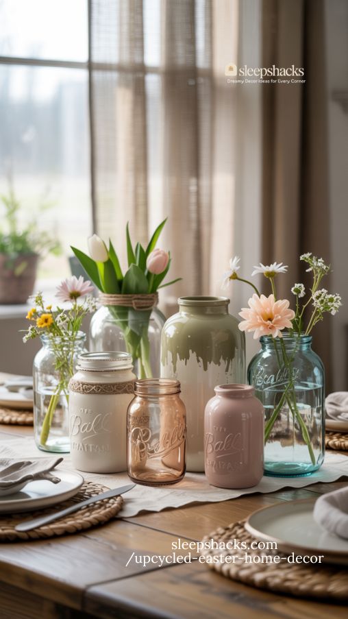 Thrifted Jar Floral Vases with Soft Spring Tulips