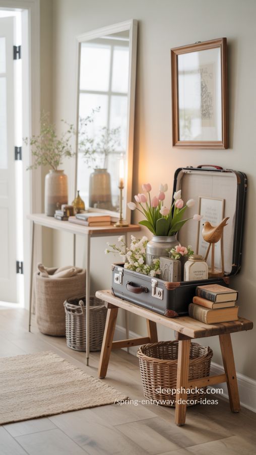 Thrifted Spring Entryway Decor with Vintage Suitcase Display