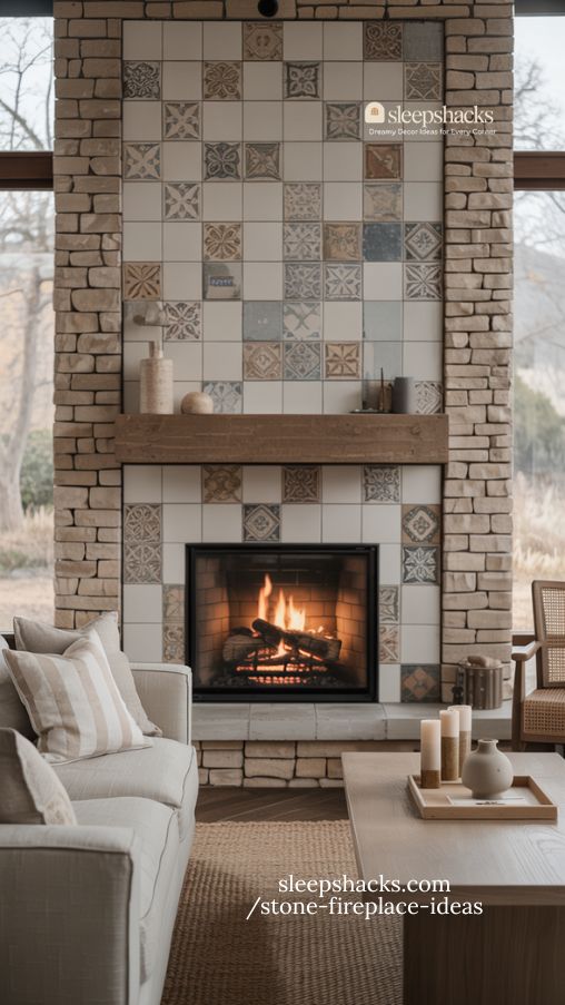 Tile Accented Stone Fireplace Ideas for Charming Living Rooms