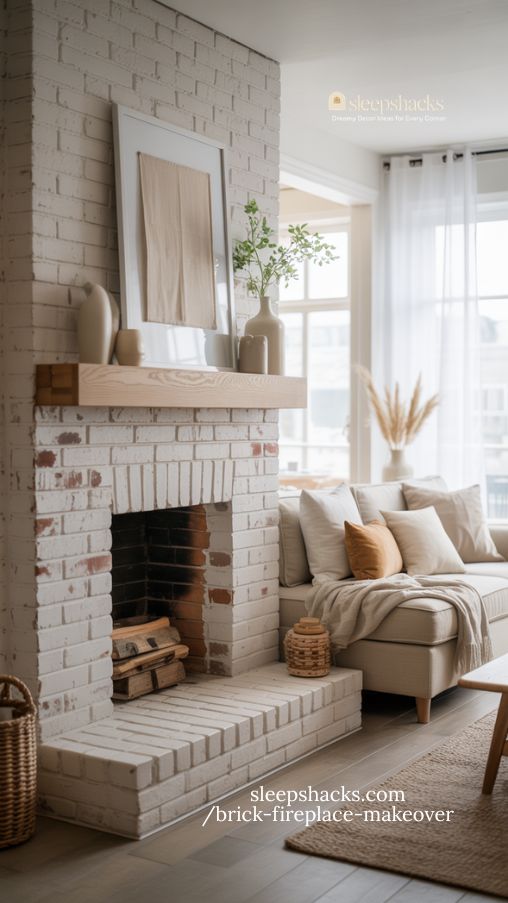 Ultra realistic interior photography of a cozy living room featuring a brick fireplace updated with a soft mortar wash finish. The bricks show blended gray and warm cream tones, lightly muted but still textured for depth and character. Subtle variation in mortar thickness creates a natural handcrafted effect. A chunky reclaimed wood mantel adds contrast, styled with neutral ceramic vases, vintage inspired candle holders, and layered framed art. Beige linen sofa with textured throw pillows and a woven knit blanket placed nearby. Light oak flooring with a patterned vintage rug anchors the space. Warm afternoon natural light streams through tall windows, highlighting the soft dimension of the mortar wash. Modern rustic aesthetic with inviting atmosphere. Shot on full frame DSLR, 35mm lens, eye level angle, shallow depth of field, sharp brick texture detail, balanced exposure, editorial home decor magazine quality, vertical Pinterest composition.