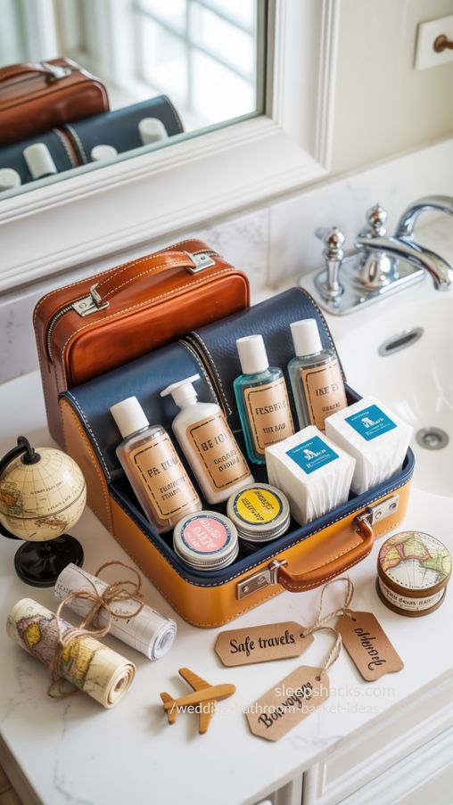 Travel-Themed Wedding Bathroom Basket Fun and Functional