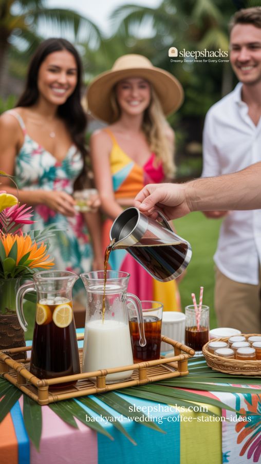 Tropical Backyard Wedding Coffee Station with Iced Coffee, Fruit Garnishes, and Vibrant Decor