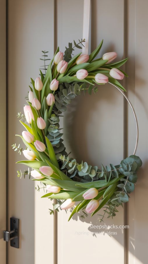 Tulip and Greenery Crescent Wreath – Modern Spring Door Decor