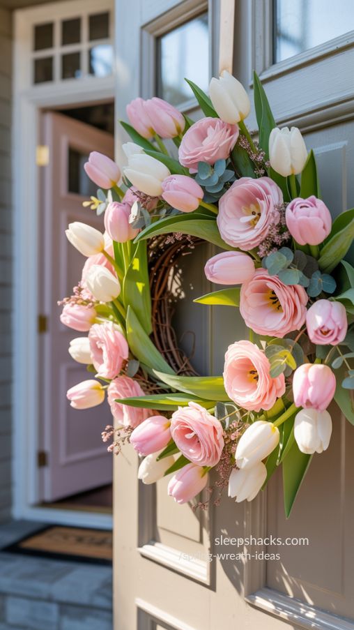 Tulip and Rose Front Door Wreath – Romantic Spring Decor