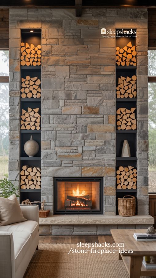 Unique Side Storage Stone Fireplace Ideas with Built In Wood Cubbies