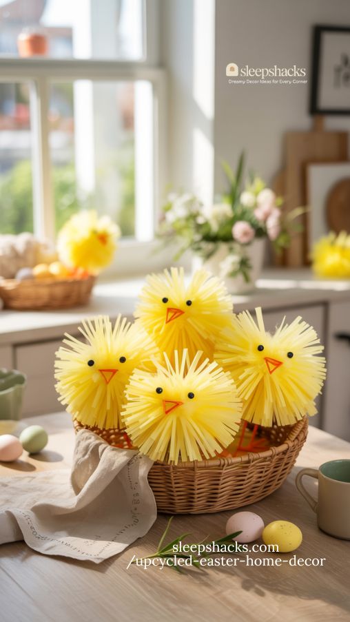 Upcycled Plastic Bag Chicks Styled for Spring Decor