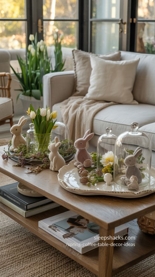 Photorealistic living room coffee table styled for spring with velvet accents and whimsical details. Small velvet mini carrots, bunnies, and critters are layered with glass cloches, decorative plates, books, and fresh spring florals. Neutral-toned sofa, cozy throw blankets, light rug, and natural sunlight streaming through large windows. Focus on textures of velvet, glass, ceramic, and fresh blooms. Lifestyle-inspired, playful yet elegant, curated, photorealistic, Pinterest-ready composition