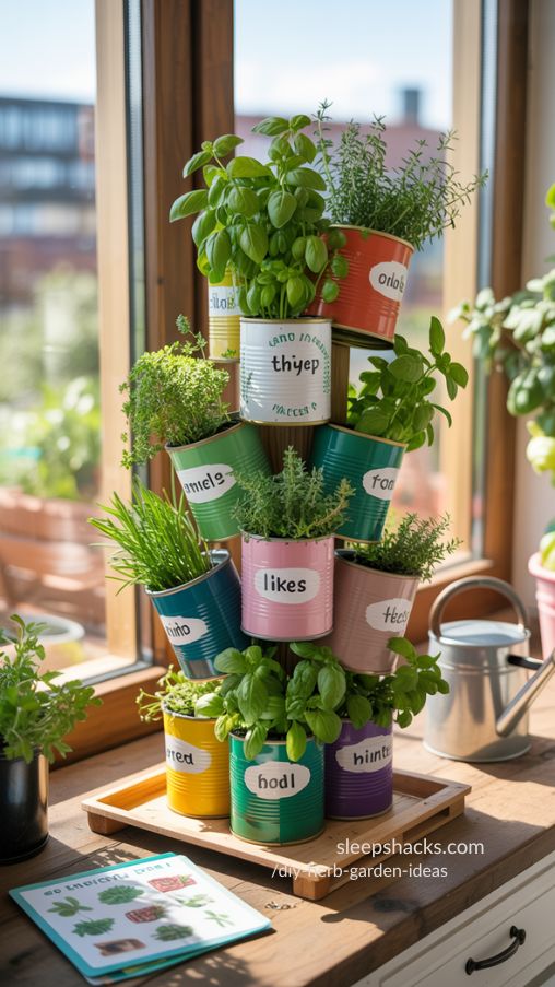 Vertical Recycled Can Herb Tower for Small Spaces