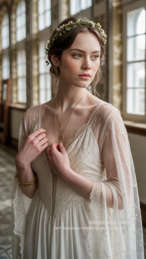 Vintage Art Nouveau Bridal Inspiration with Flowing Lace Gown and Delicate Accessories