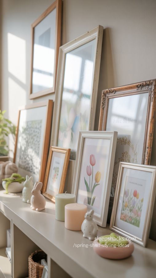 Vintage Frames with Seasonal Prints – Elegant Spring Shelf Styling Idea