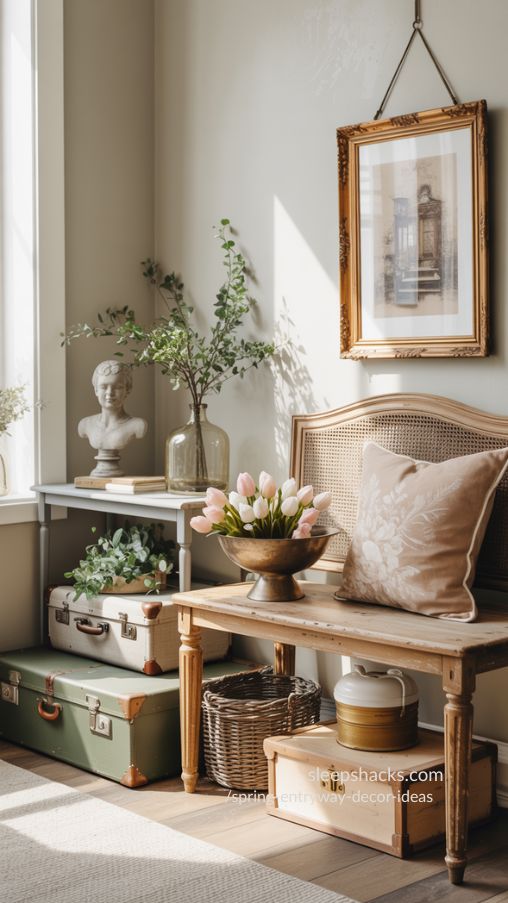 Vintage Spring Entryway Decor with Antique Bench and Soft Florals
